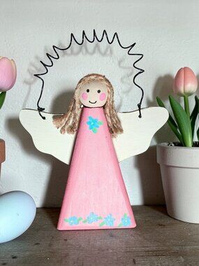Wooden Spring Floral Angel Ornament, Spring Home Decor
